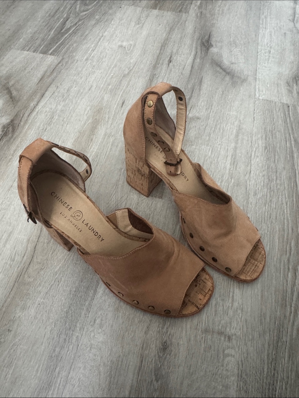 Chinese Laundry Cognac Suede Cork Block Heel Sandals